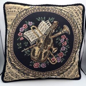VTG Tapestry Violin & Musical Notes Pillow Tan/Black Rope Trim 18X18 Square